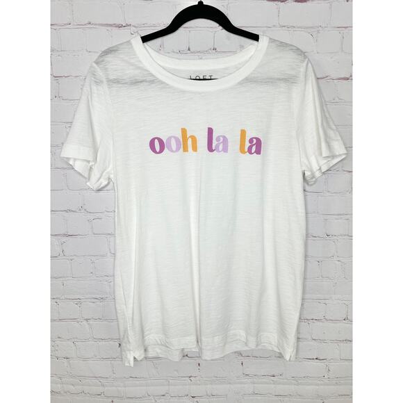 LOFT White Ooh La La Graphic Tshirt Womens Large Pink Orange - Picture 1 of 4